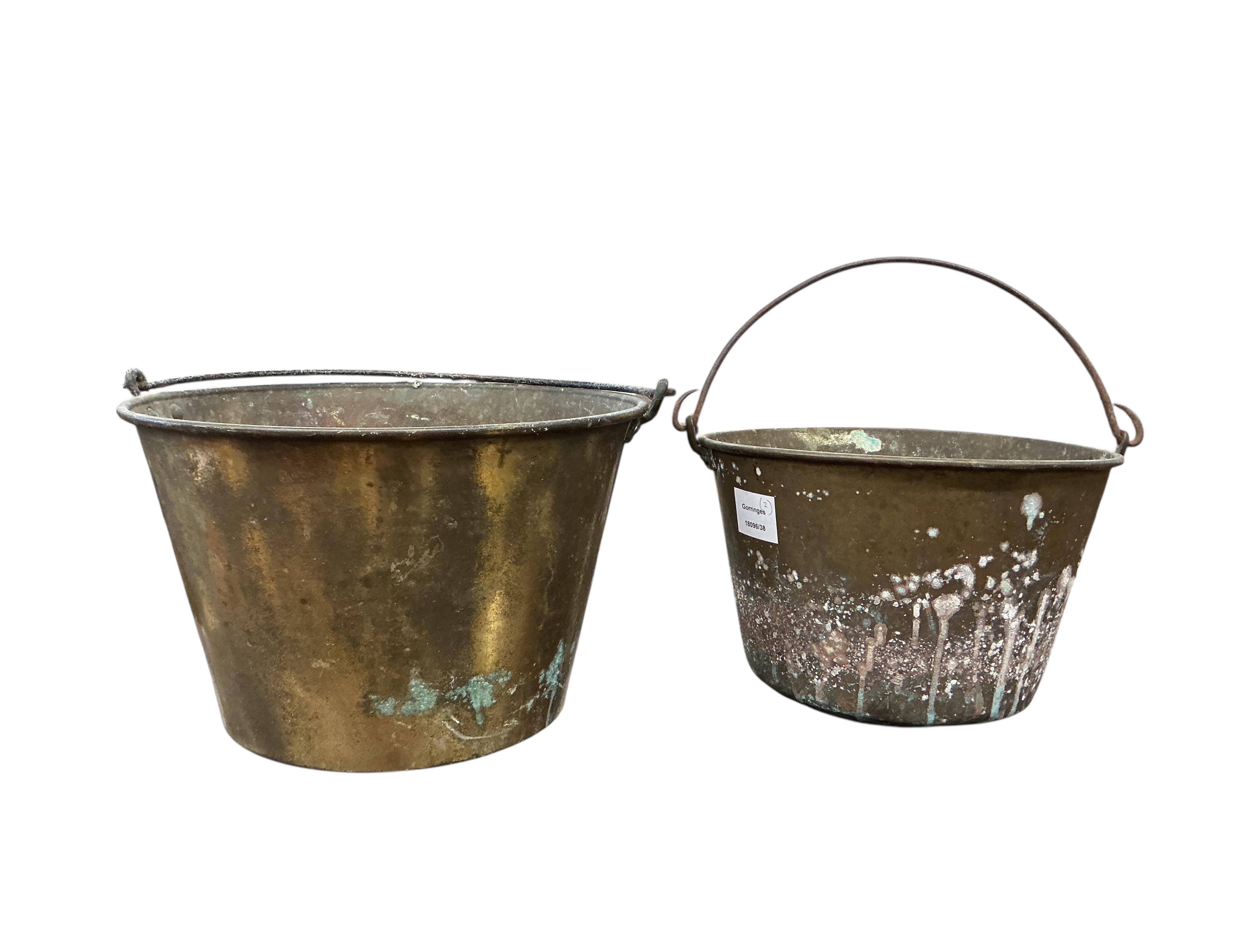 Two 19th century brass pans, larger diameter 34cm